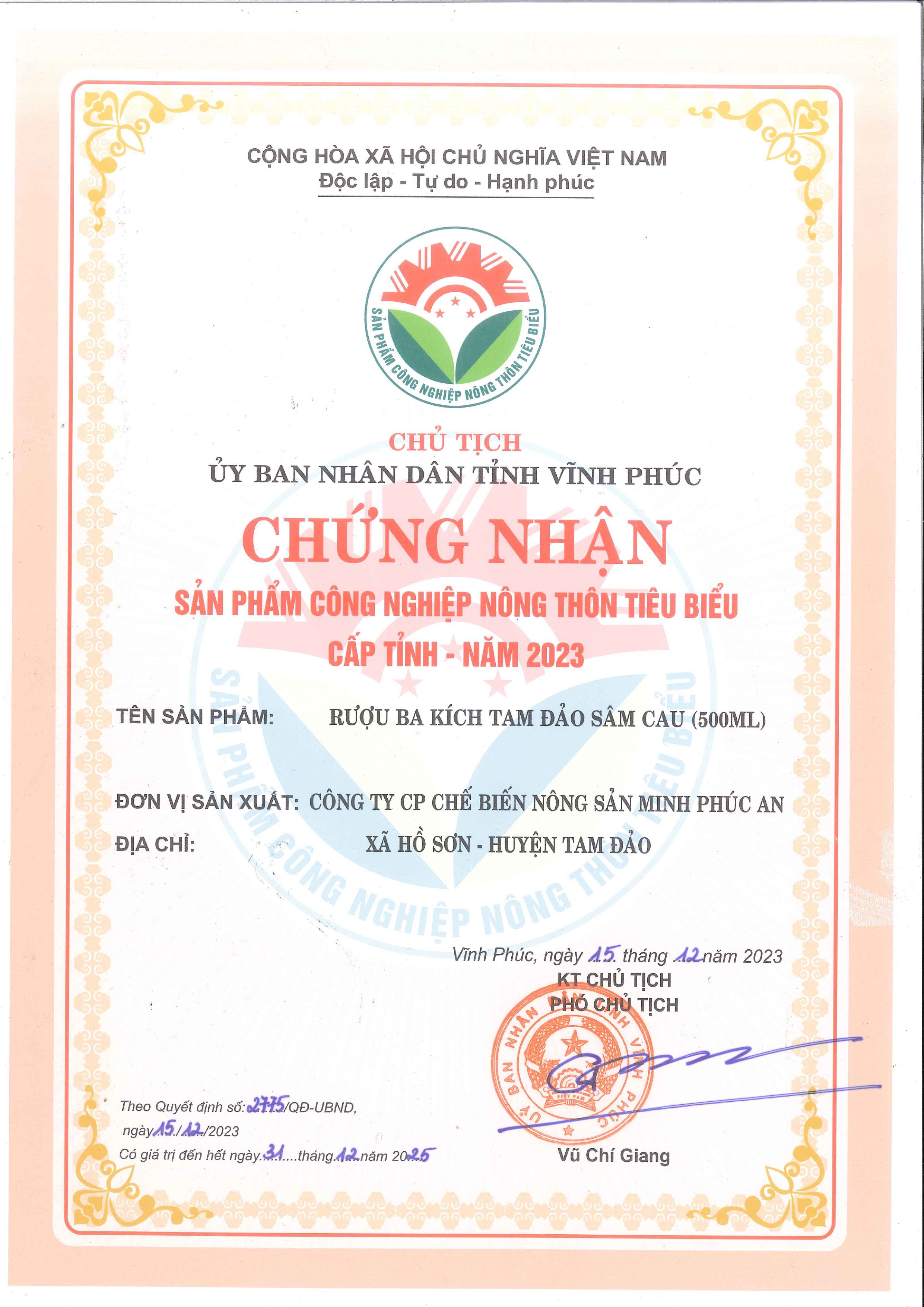 Chứng nhận sản phẩm công nghiệp nông thôn tiêu biểu cấp tỉnh — Minh Phúc An