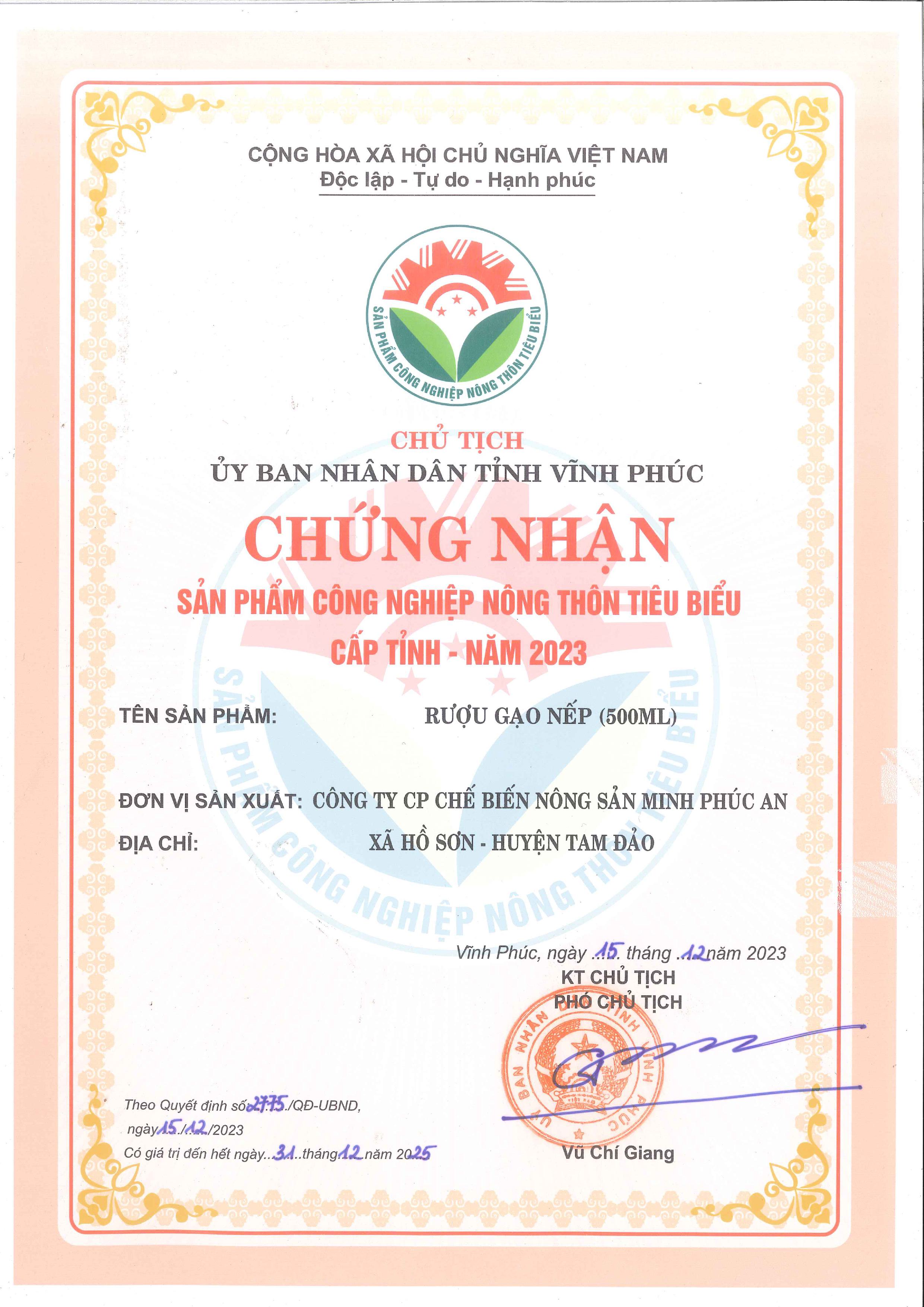 Chứng nhận sản phẩm công nghiệp nông thôn tiêu biểu cấp tỉnh — Minh Phúc An