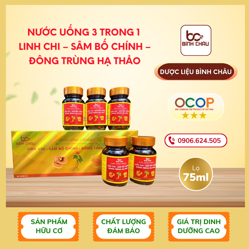 Nước Uống 3 Trong 1: Linh Chi Đỏ – Sâm Bố Chính – Đông Trùng Hạ Thảo