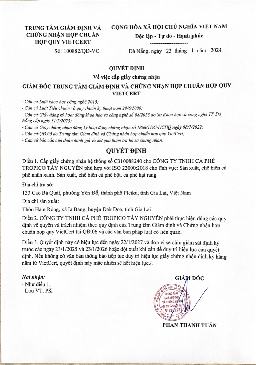 Chứng chỉ của Tropico Coffee
