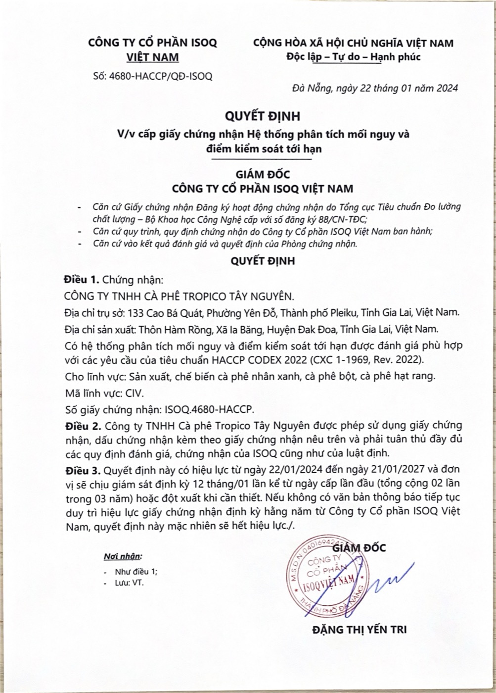 Chứng chỉ của Tropico Coffee