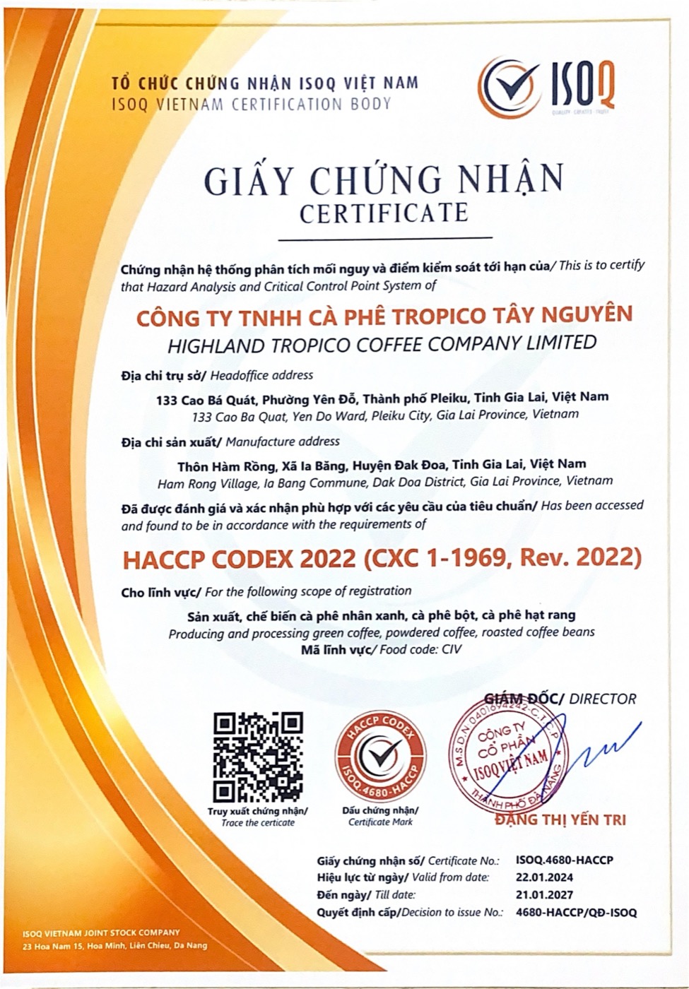 Chứng chỉ của Tropico Coffee